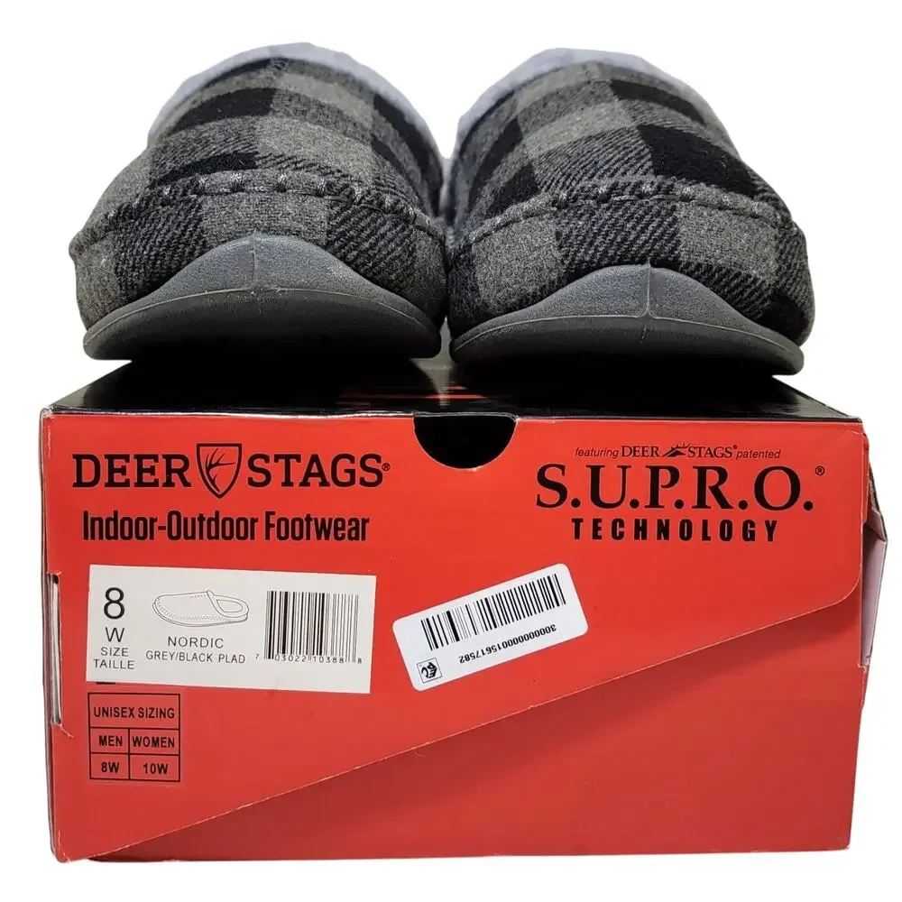 Deer Stags Men Nordic Supro Slip On Clog Slippers Size US 8W Grey Black Plaid